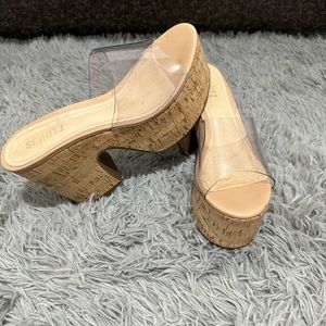 SCHUTZ "Dalle" cork wedge sandals slides w/clear strap sz 8.5 B